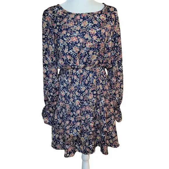Vision Women’s Medium Navy Floral Boho Long Sleeve Dress Ruffle Hem Polyester - Picture 1 of 8